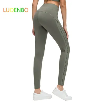 

LUOENBO High Rise Cotton Feel Gym Fitness Athletic Tights Women Side Letter Prints Squatproof Sport Workout Yoga Leggings Pants