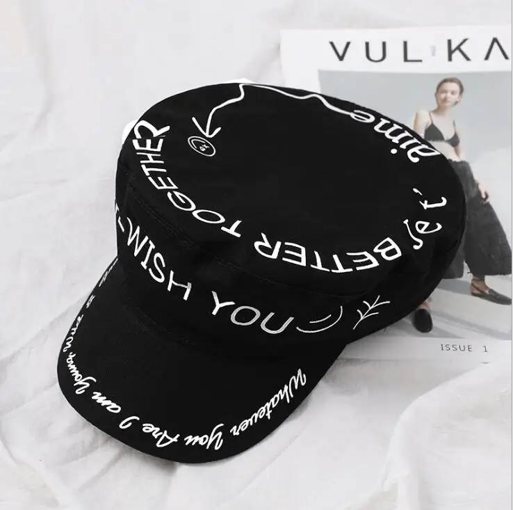 black Autumn Winter WE WISH YOU Flat Top Women Hat British Style Smile Black white classic octagonal cap female visors - Цвет: black