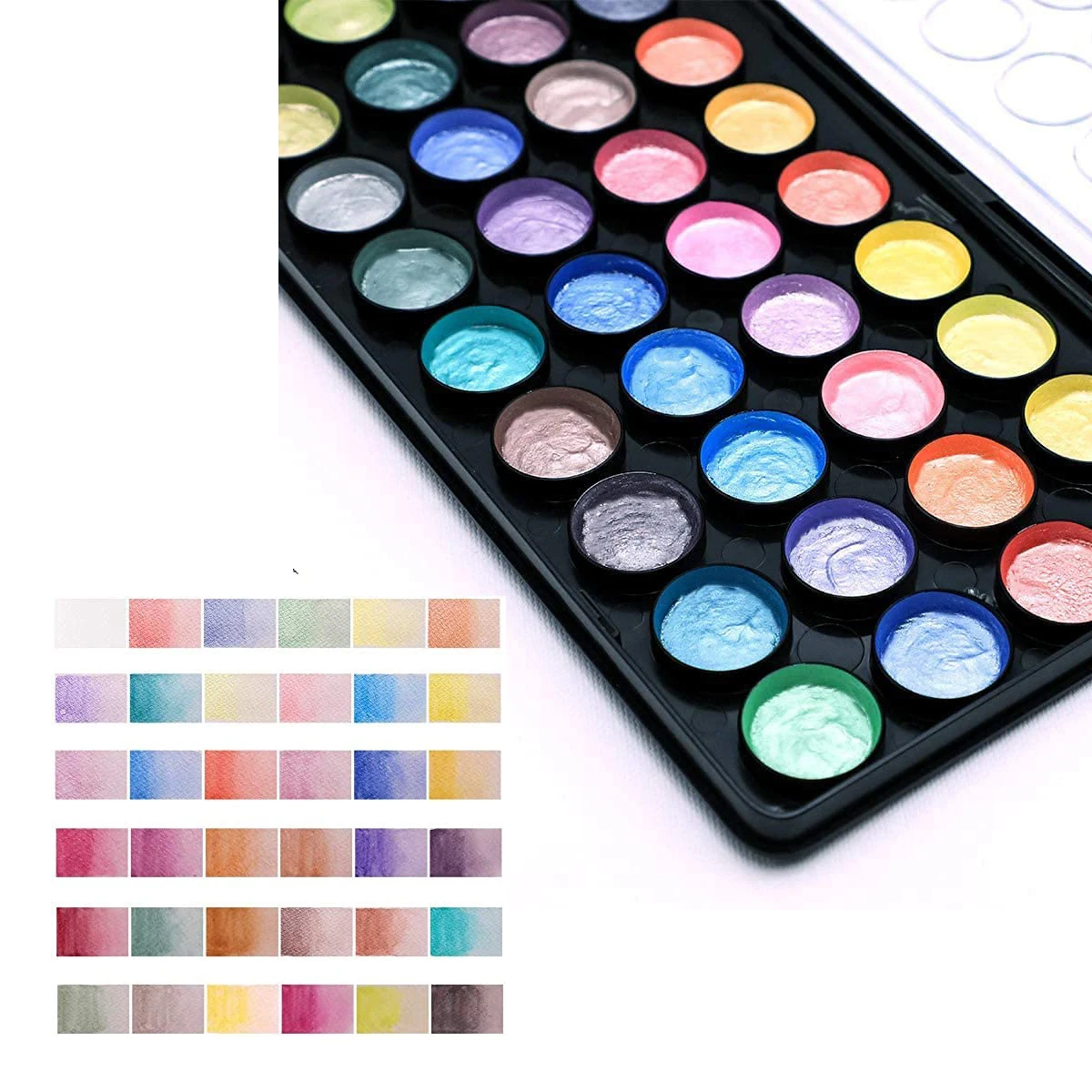 Mont Marte Signature Metallic Watercolor Cake Set, 37 Piece Pearl Paint, 36 Vibrant Colors, 1 Paint Brush
