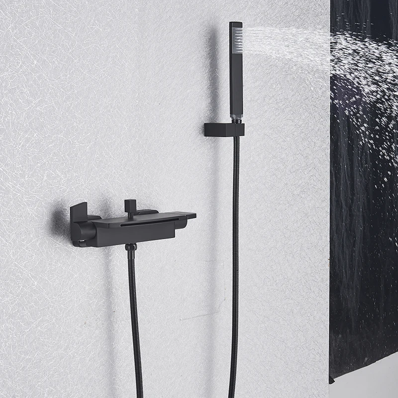 Black Shower Bathtub Faucet Chrome Wall-Mounted Waterfall 90 Ratation Bathroom Shower Set Hot Cold Water Mixer Tap Dual Handle 2