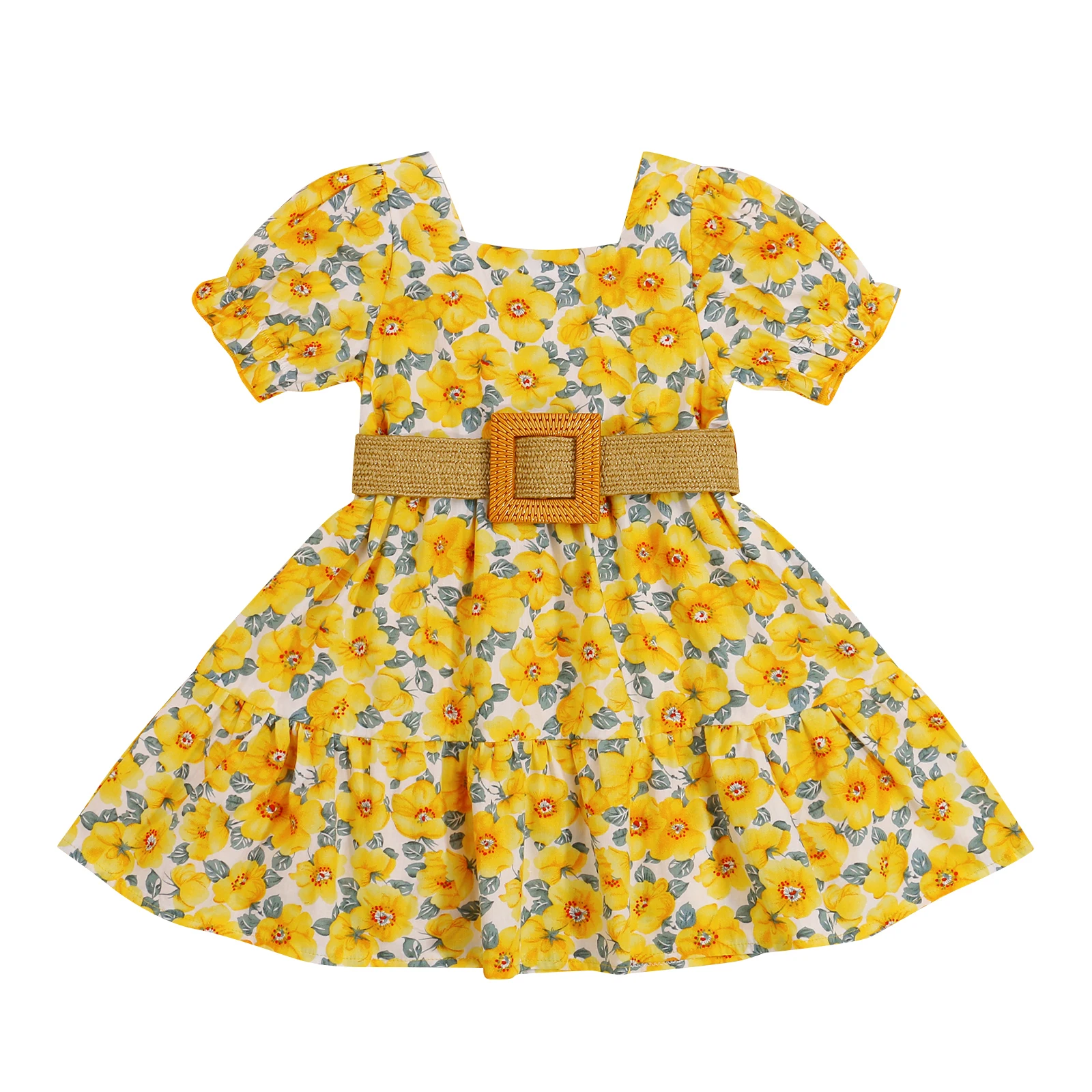 1-6Years Toddler Girls Casual Clothes Yellow Square Collar Short Sleeve Dress and Waistband