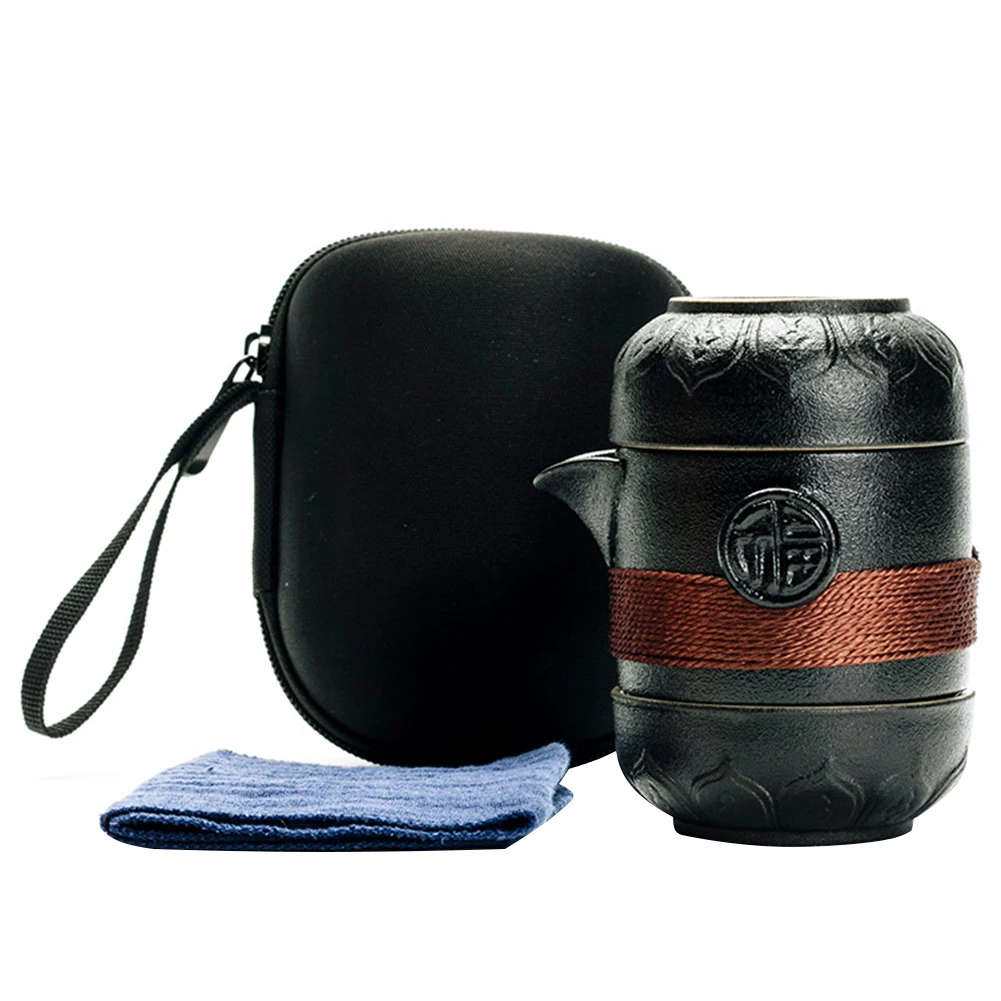 

Travel Office Outdoors Anti Slip Ceramic Black Pottery Coffee Container Home Portable Heat Insulation One Pot Two Cups Tea Set