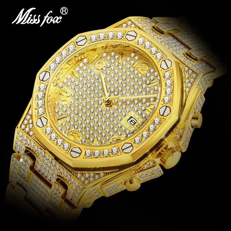 

Dropshipping 2020 MISSFOX Diamond ap watch luxury Mens Quartz 18K Gold Saat Diamonds Male Clock Analog Quartz Vogue Wrist Watch