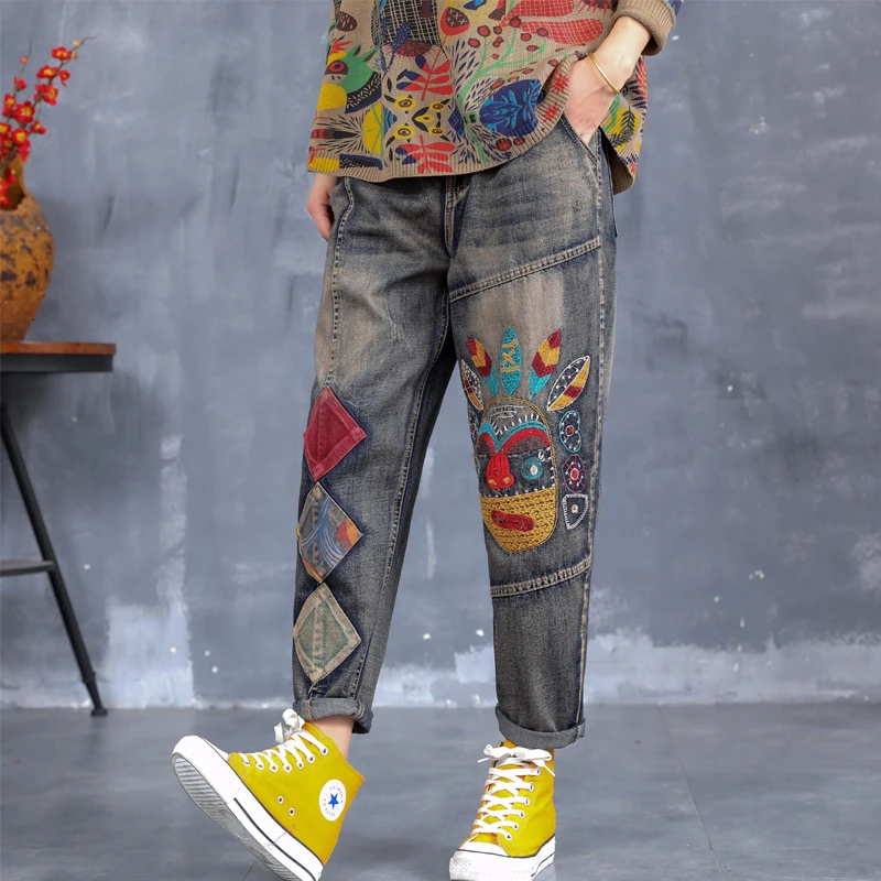 Max LuLu осень корейские модные женские джинсы с пэчворком Женские винтажные джинсы с вышивкой Свободные Повседневные Брюки Большие размеры
