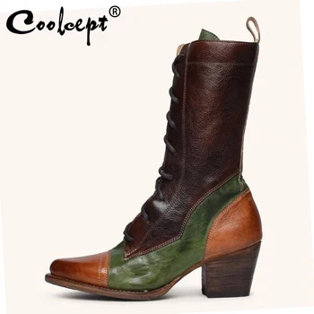 

Coolcept Women Mid Calf Boots Mixed Color Lace Up Women Short Boots Fashion Cool Women Winter Shoes Women Footwear Size 34-43