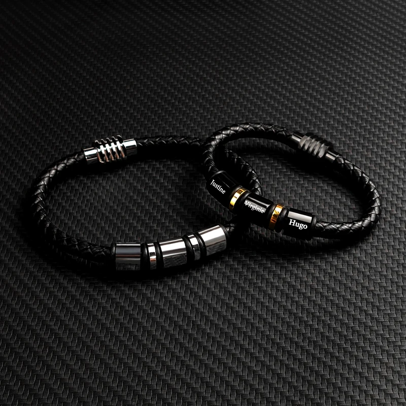 MingAo Custom Engraved Name Bracelet Single Leather Beads Braclet For Men Women Punk Black Gold Stainless Steel Beaded Bracelets