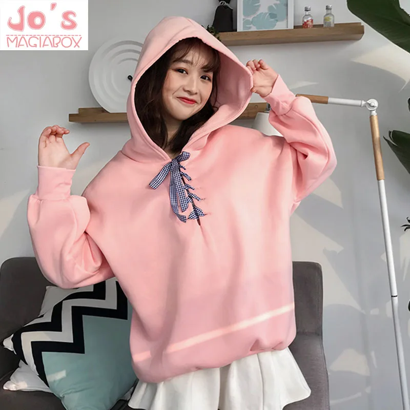 

Winter Womens Hooded Pullovers Tops Female Long Sleeve Harajuku Kawaii Sweatshirts Ladies Solid Bow Casual Tracksuit Sweatshirts