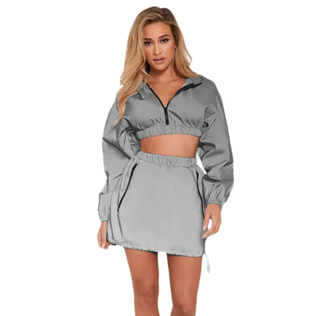 

SAGACE Fashion Jacket Short Shirts Women's 2PCS Sets Sexy Solid Long Sleeve Hooded Pullover T-Shirt Skirt Casual Sports Set