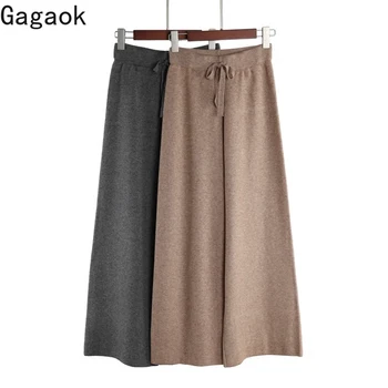 

Gagaok Women Office Lady Knitted Drawstring Thick Pant Spring Autumn New Solid High Straight Loose Casual Female Fashion Pants