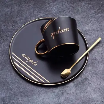 

Modern Creative Ceramic Tea Cup Set Simple Luxury Office Coffee Cup Travel Gold Rim With Spoon Taza Cafe Ceramic Tea Cup BE50CU
