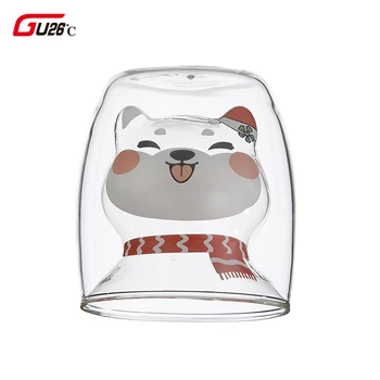 

Lovely Glass Mugs Dog Animal Double-layer Coffee Tea Milk Cup With Round Mouth Prevent Scald Cartoon Novelty Christmas Gift