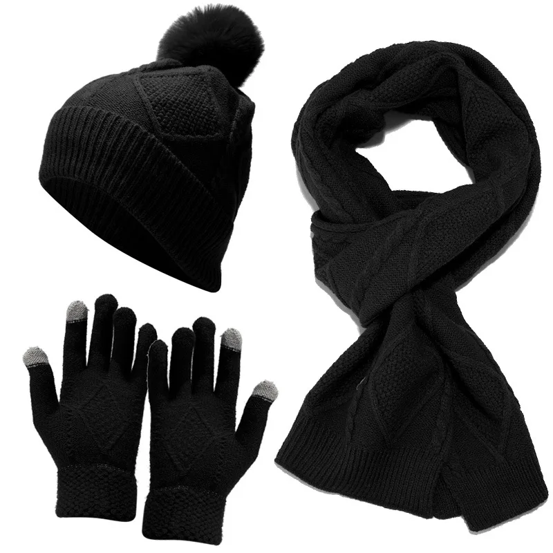 Womens Scarf Sets Winter Hat Scarf Gloves Knitted Keep Warm Scarves Simple Solid Color Clothes Accessories Thick Soft Scarf Set