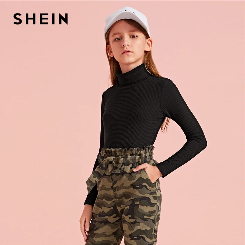 SHEIN Kids/однотонная трикотажная Повседневная футболка в рубчик с воротником-стойкой; детский топ; осень г.; приталенные базовые Детские футболки с длинными рукавами