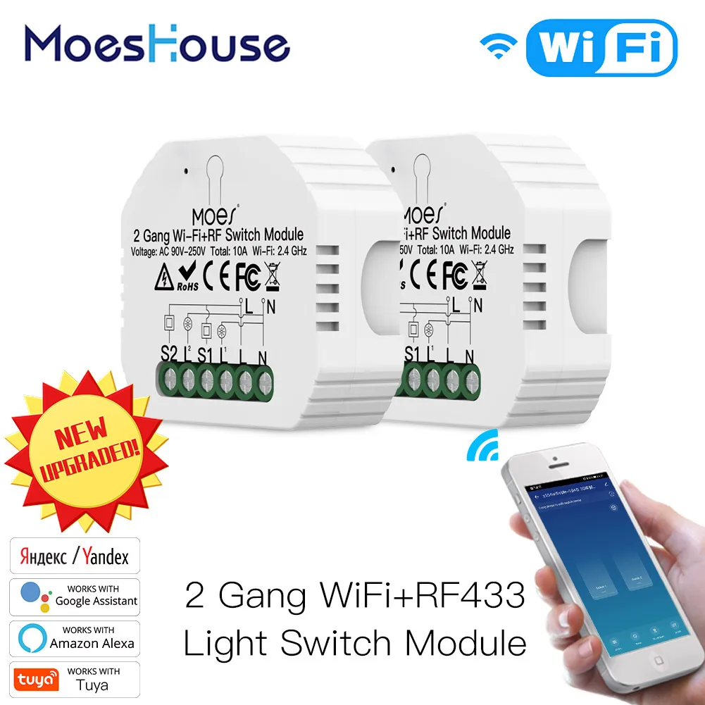 2 Gang WiFi Smart Light Switch Hidden Diy Module Smart Life/Tuya APP Remote Control Works with Alexa Echo Google Home 1/2 Way