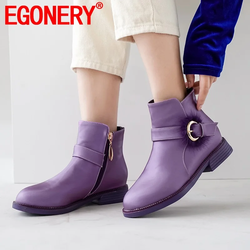 EGONERY/Милая женская обувь на плоской подошве зимние женские ботинки на молнии; Цвет фиолетовый, розовый, красный; ботильоны с круглым носком; Прямая ; размеры 32-39