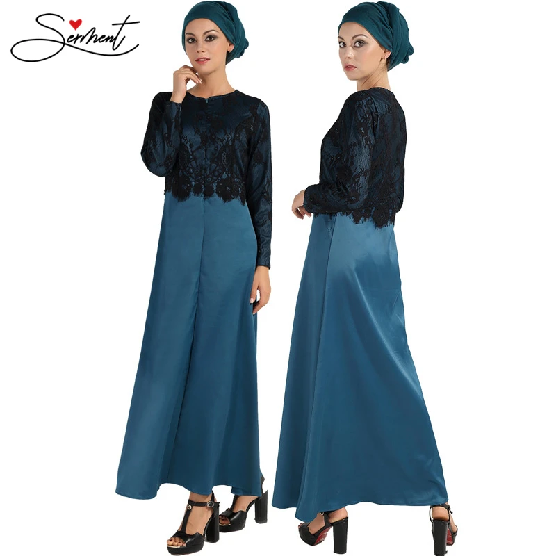 

SERMENT Autumn New Muslim Official Party Evening Dress Long Sleeves and Lace High Neck Satin Floor-length Free Custom Made