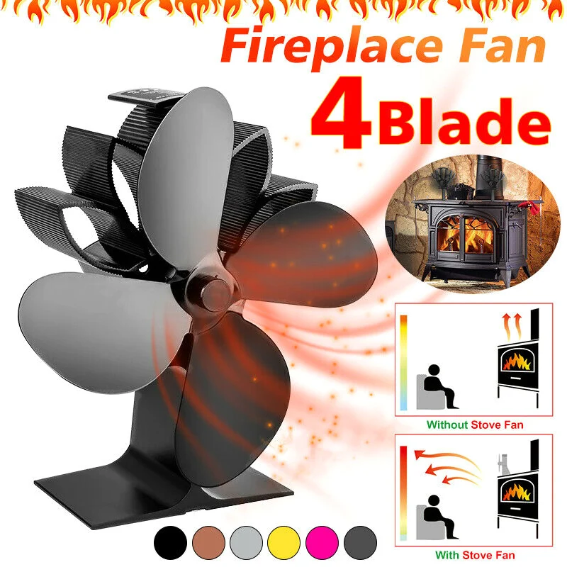 

Heat Powered Stove Fan 4 Blades Fireplace Silent Portable for Wood Log Fire Burning GQ999