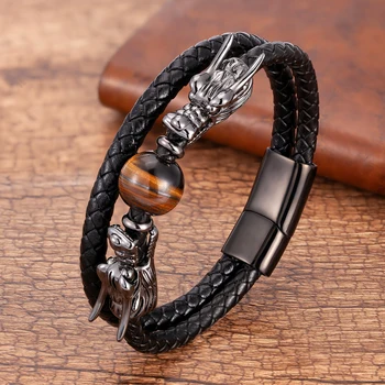 Luxury Stainless Steel Bracelets For Men Round Tiger Eye Natural Stone Dragon Shape Metal Leather Bangles Gifts For The New Year
