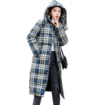 

Winter Womens Plaid Down Jacket Hooded Coat Parka Warm Thick Cotton Padded Long Overcoat Plus size 3XL Casual Female Outerwear