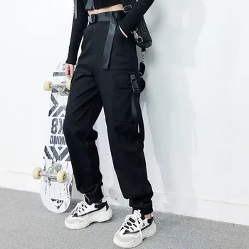 

Black Cargo Pants Women Fashion 2019 Pockets Patchwork Hippie Trousers Funny High Waist Streetwear Pants Autumn Pants Females
