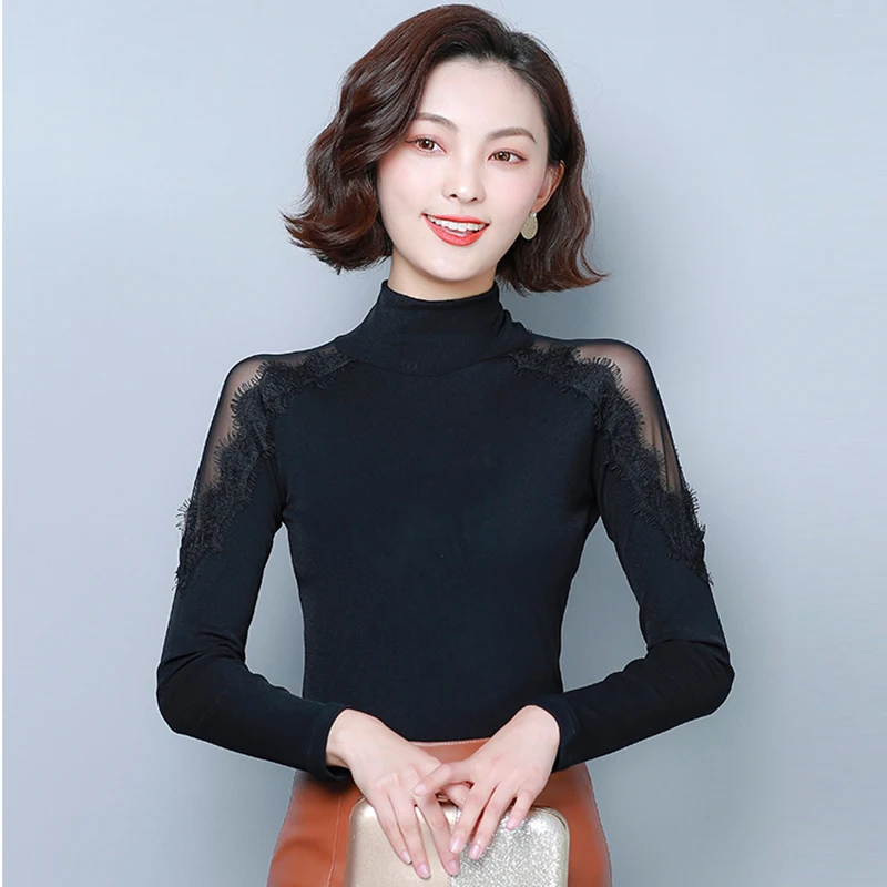 Mesh Lace Turtleneck Blouse Korean 
