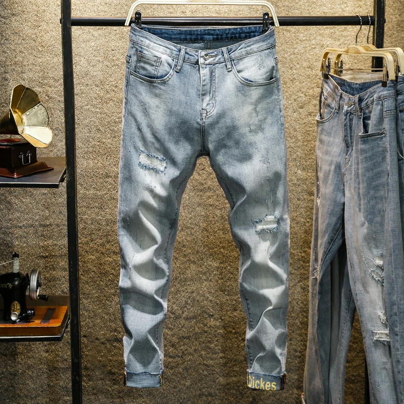 Seller men's washed Denim jeans Men's Clothing long casual pants male blue trousers Retro Hole Jeans Ankle-Length Pants Cotton Denim