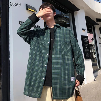 

Men Shirt Korean Plaid Long Sleeve Autumn High Fashion Plus Size Mens Shirts Casual Loose Novelty Stylish Males Streetwear Soft