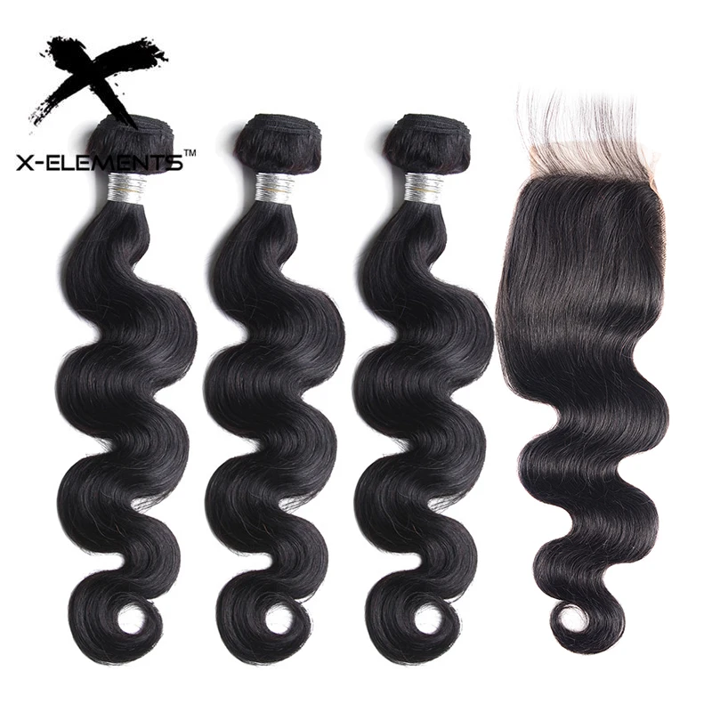 

X-Elements Brazilian Body Wave Bundles with Closure Natural Color 3 Bundles with Closure Remy Human Hair Extensions with Closure