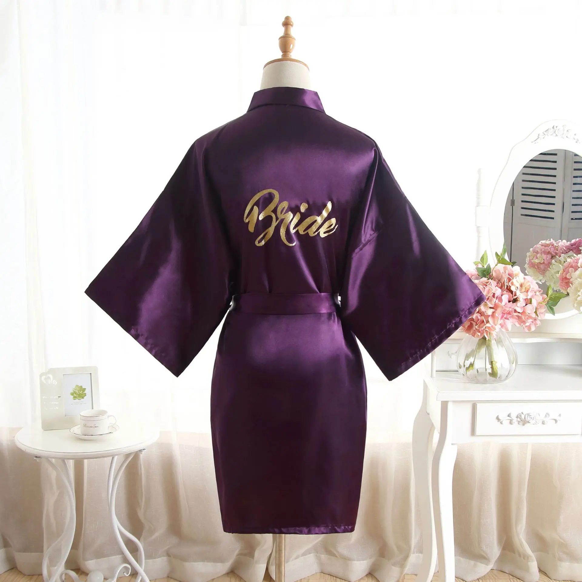 

Wedding Bride Robe Silk Satin Solid Bathrobe Short Kimono Robe Night Robe Bath Robe Fashion Dressing Gown For Women