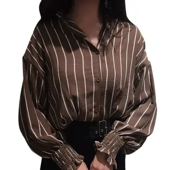 

Woman blouses stripe Loose Casual Striped Button Lapel girl Long Sleeve Shirt Top female clothing button Fashion Blouse