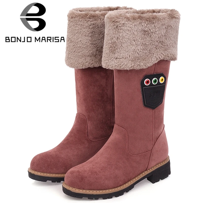 

BONJOMARISA New 32-43 Ladies Warm Platform Boots Elegant turned-over Edge mid-calf Boots Women 2020 Med Heel Winter Shoes Woman