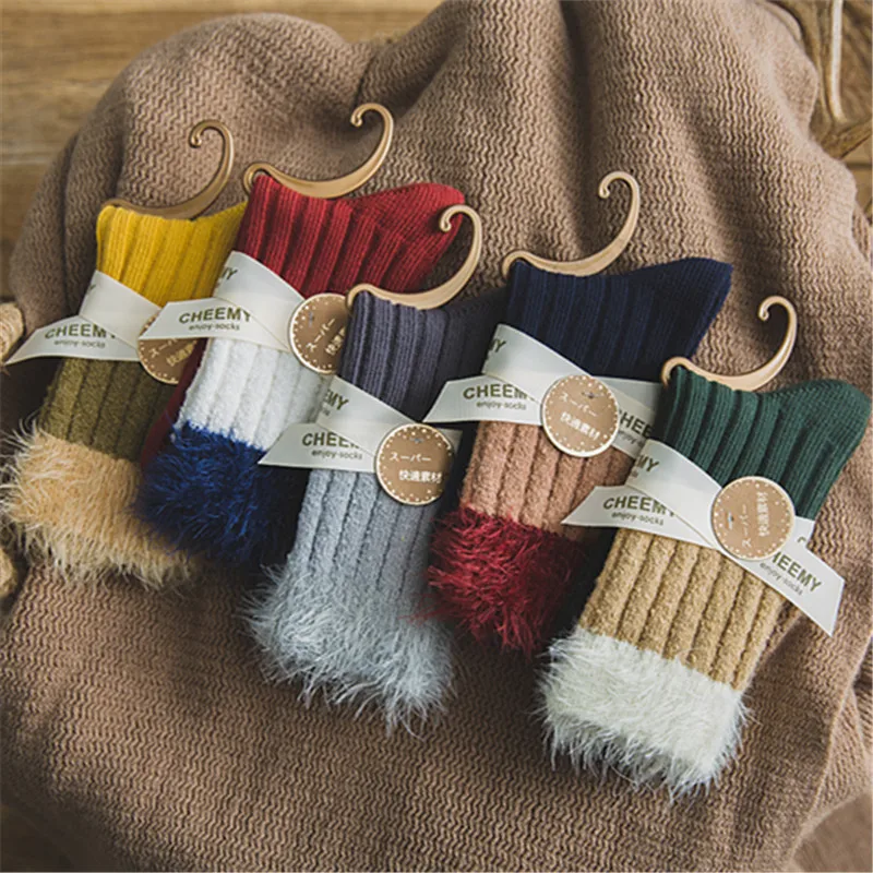 Модные теплые женские носки, японский стиль, сочетающиеся с петлями, перьями, пряжа, внахлест, носки, корейский стиль, женские носки