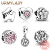 URMYLADY 925 Sterling Silver Round Zircon Heart Charm DIY Jewelry Fit Pandora Beads Pendant Bracelet For Women