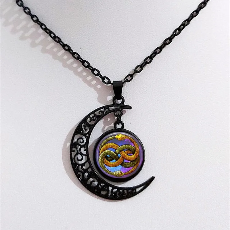Waliicorners Choker Necklace Ancient Greek Triple Moon Goddess Snake Glass Jewelry Gothic Black Crescent Pendant 7