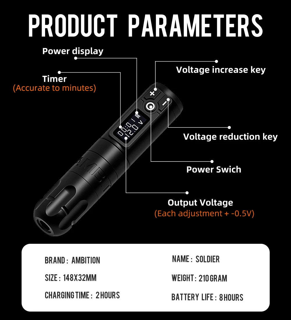 US $163.94 Ambition Soldier Wireless Tattoo Pen Machine Battery with Portable Power coreless Motor Digital LED Display For Body Art