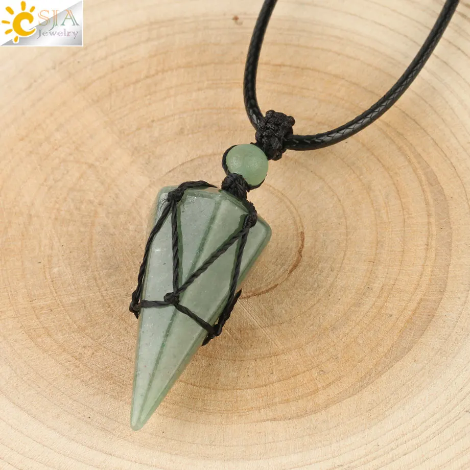 Green Aventurine Csja натуральный каменный конус Подвески Кристалл кварц Черная веревка обернутая лечение мужские т камни ожерелье для мужчин женские модные ювелирные изделия G173 - Окраска металла: Green Aventurine