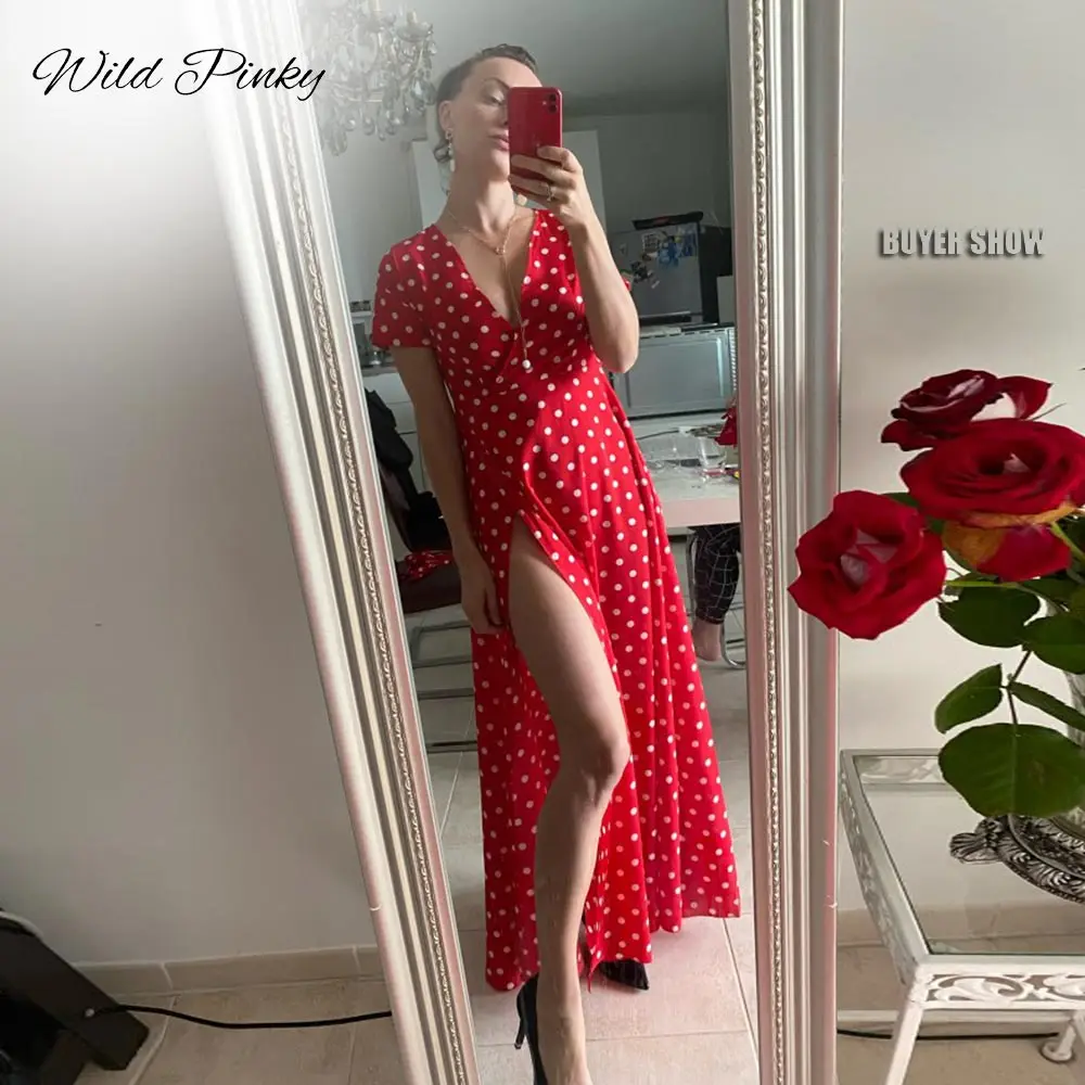 Женское длинное платье в горошек WildPinky Boho летнее Повседневное с коротким рукавом