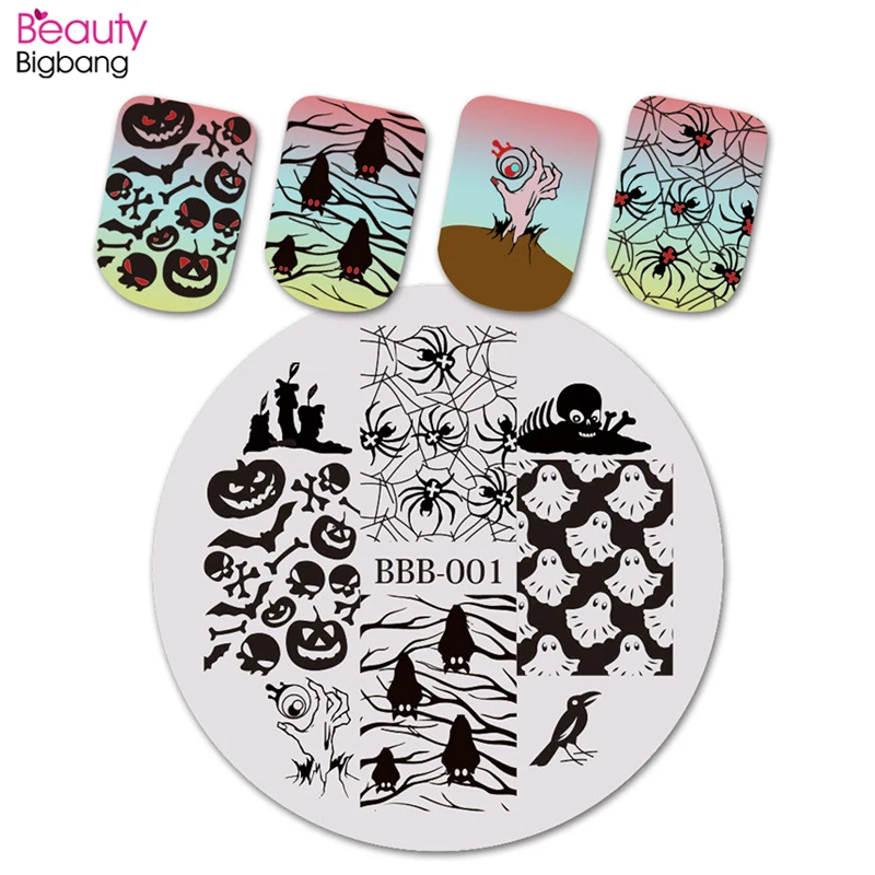 

BeautyBigBang Halloween Nail Template Pumpkin Spider Nail Stamping Plates Round Stencil Nail Plate For Nail Art Mold BBB-001