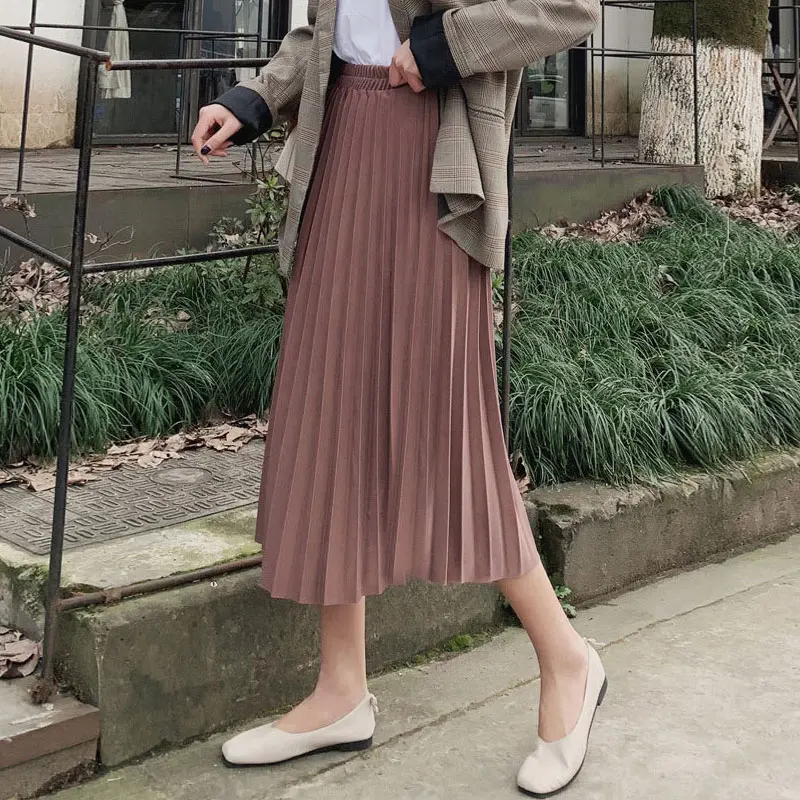 Элегантная однотонная плиссированная юбка миди для женщин осень зима Женская Корейская Высокая талия трапециевидная школьная длинная юбка для женщин