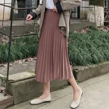 Элегантная однотонная плиссированная юбка миди для женщин осень зима Женская Корейская Высокая талия трапециевидная школьная длинная юбка для женщин