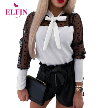 

See Through T-shirt Women Long Sleeve Bow O Neck Vintage Elegant Office Tee Shirt Femme Spring 2020 SJ5346R