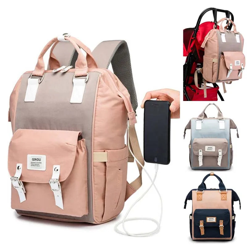  Fashion Mummy USB Diaper Bag Baby Care Large Capacity Mom Backpack Maternity Wet Waterproof Baby Pr