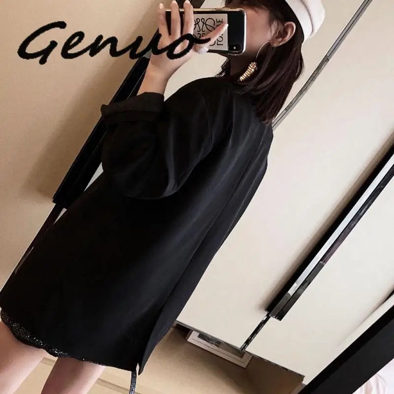 Genuo, новинка, корейская мода, для женщин,, весна, новинка, зубчатый, длинный рукав, Свободное пальто, женский, сплошной цвет, однобортный, Длинный блейзер