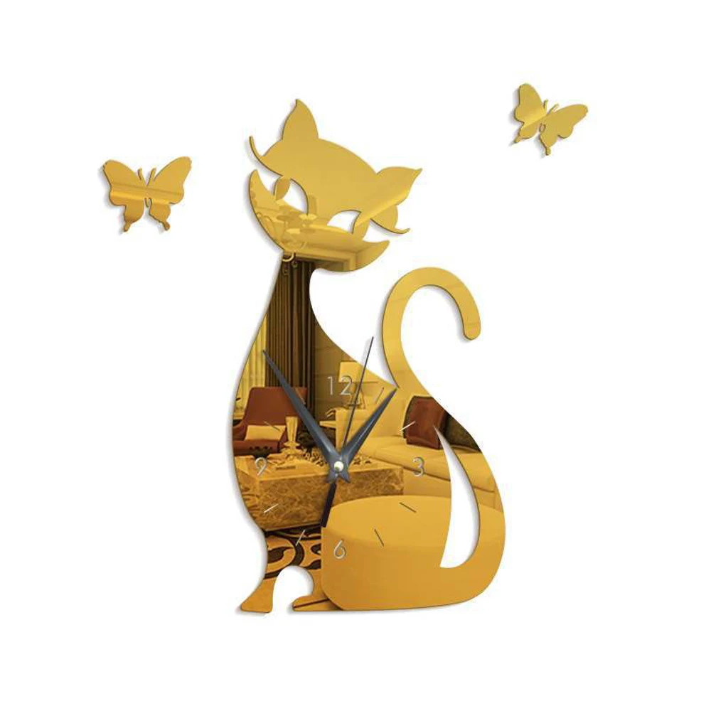 

Cute Cat Butterfly Mirror Black Wall Clock Modern Design Effect Wall Sticker Watch For Home Decor Wall Decorative Clocks