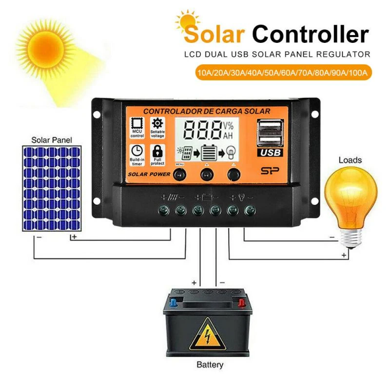 10A~100A Solar Charger Controller 12V 24V Auto PWM Controllers LCD Display 5V Dual USB Output Controller