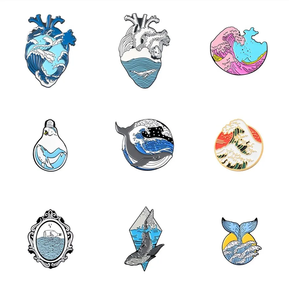 

custom enamel pin Wave Ocean Sea Wave Brooches Organ Heart Light bulb Whale Sun Creative Badges Blue Wave Cute pin collection