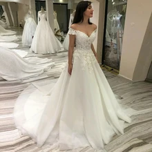 

Simple Tulle Wedding Dress Princess V-Neck Off The Shoulder A-Line Lace Appliques Beading Flowers Open Back Bridal Gown 2022