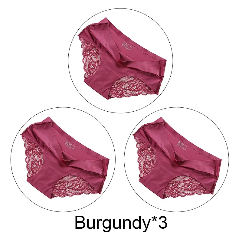 Burgundy-3 3 шт./партия, шелковые сексуальные кружевные трусики, женские бесшовные трусики, нижнее белье с низкой посадкой, женское Прозрачное нижнее белье, юбка-брюки - Цвет: Burgundy-3