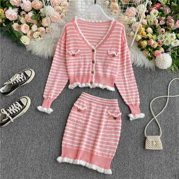 

2020 Autumn Women Knit Striped Cardigans Tops + High Waist Mini Skirts 2 Piece Sets V Neck Single Breasted Knit Skirts Suit