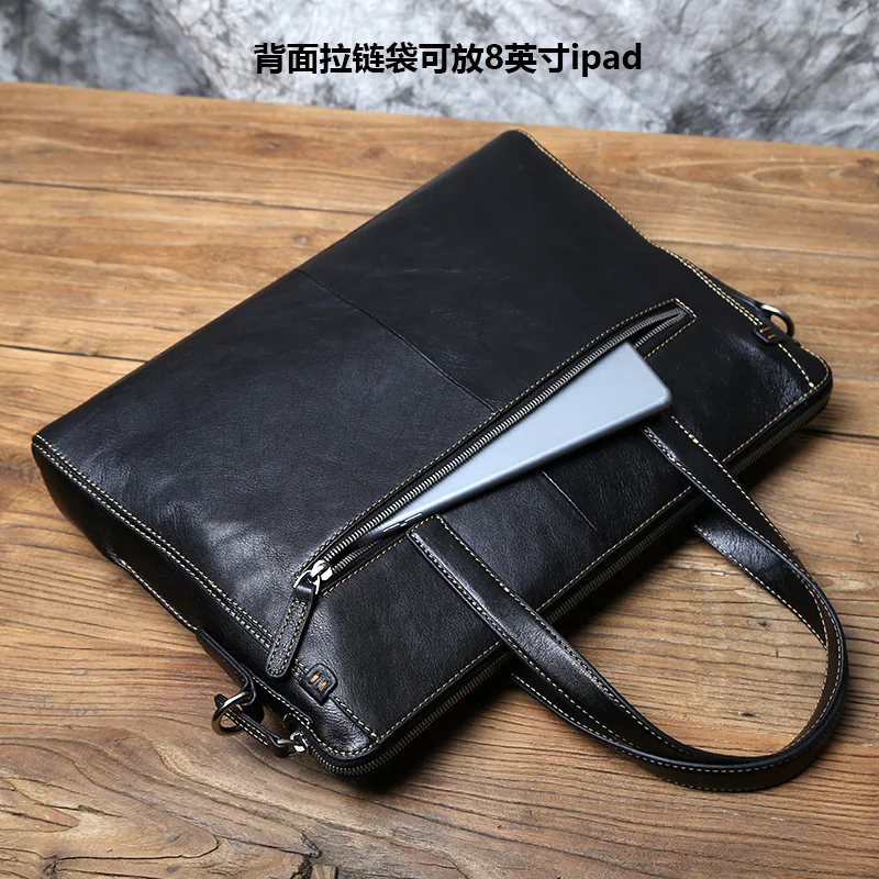 NZPJ Men Leather Handbag First Layer Cowhide Business Computer Bag Large-capacity One-shoulder Messenger Bag for 14 Inch Laptop